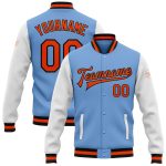 Light Blue Orange Black Two Tone Varsity Letterman Bomber Full-Snap Jacket Custom Light Blue Orange-Black Bomber Full-Snap