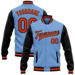 Custom Light Blue Orange Black Varsity Letterman Bomber Jacket Full-Snap Two Tone Style 3984 Custom Light Blue Orange-Black