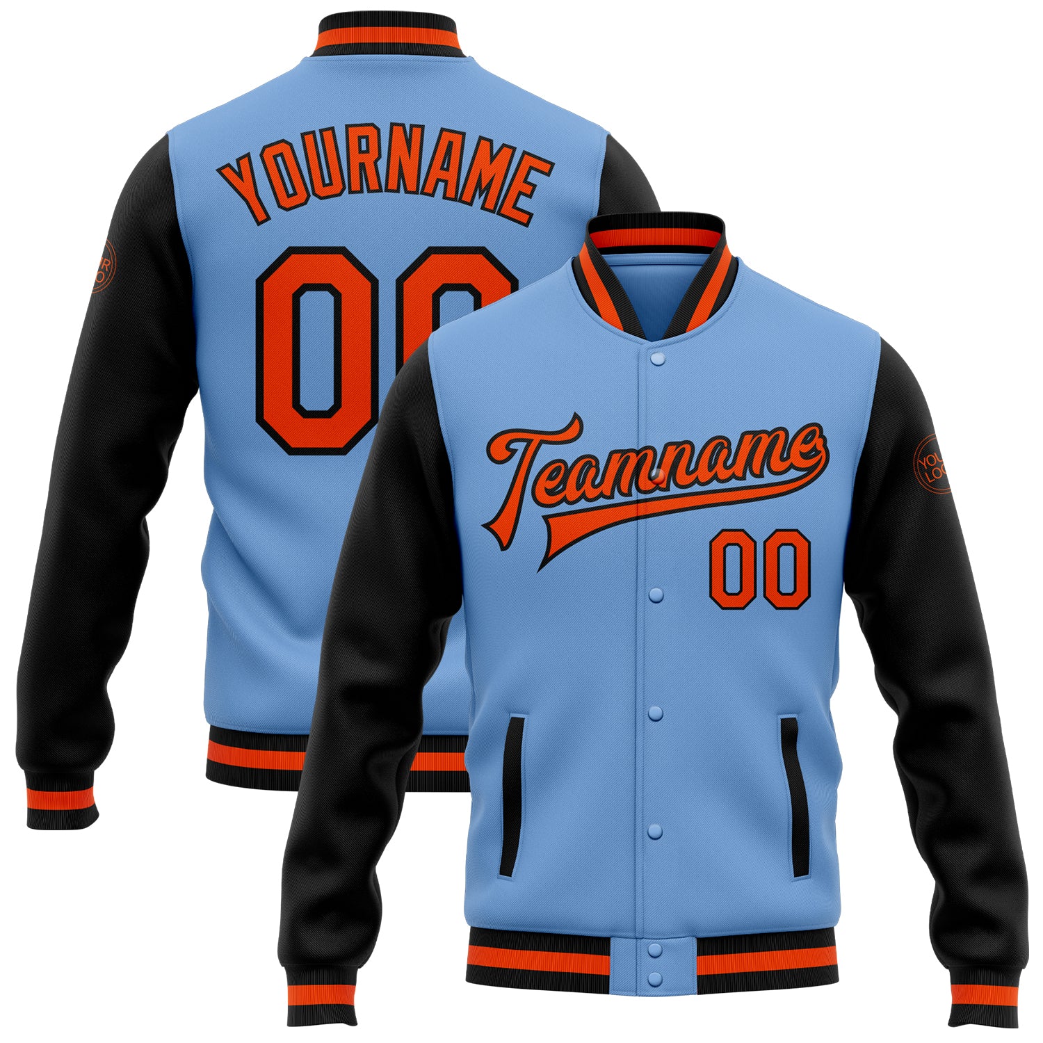 Custom Light Blue Orange Black Varsity Letterman Bomber Jacket Full-Snap Two Tone Style 3984 Custom Light Blue Orange-Black