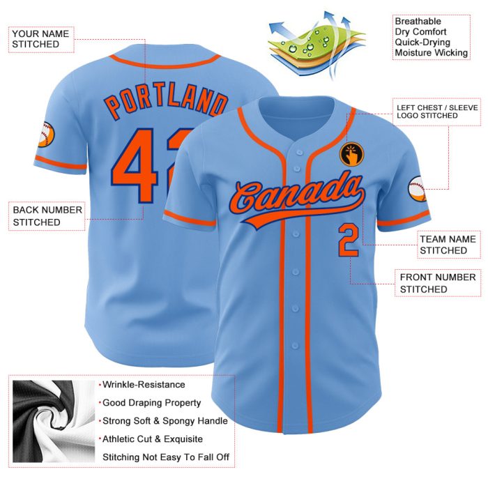 Custom Light Blue Orange-Royal Baseball Jersey - Authentic Team Apparel Custom Light Blue Orange-Royal Authentic Baseball - Image 3