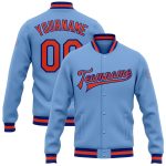 Custom Light Blue Varsity Letterman Jacket Orange-Royal Full-Snap Bomber Custom Light Blue Orange-Royal Bomber Full-Snap