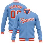 Light Blue Orange White Varsity Letterman Bomber Jacket Custom Full-Snap Custom Light Blue Orange-White Bomber Full-Snap