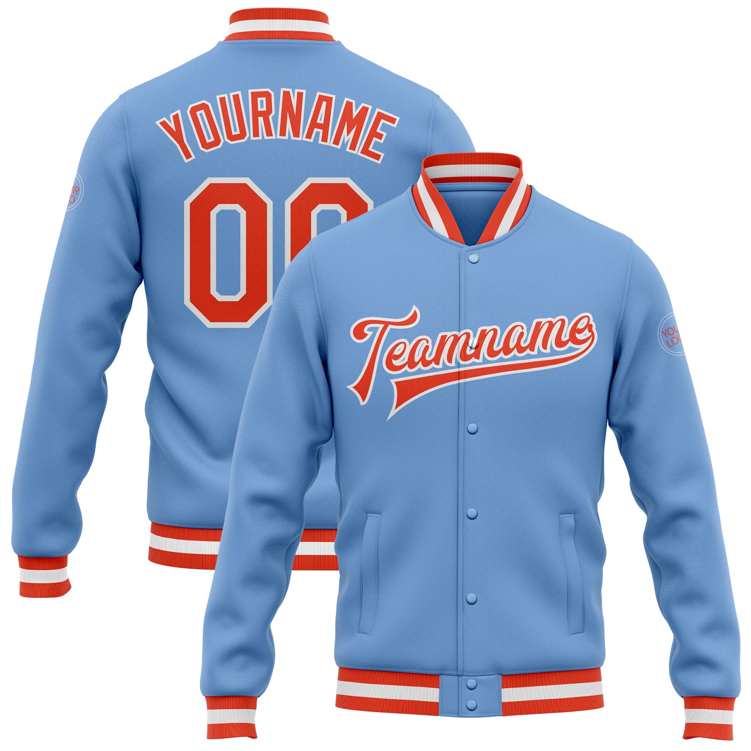Light Blue Orange White Varsity Letterman Bomber Jacket Custom Full-Snap Custom Light Blue Orange-White Bomber Full-Snap