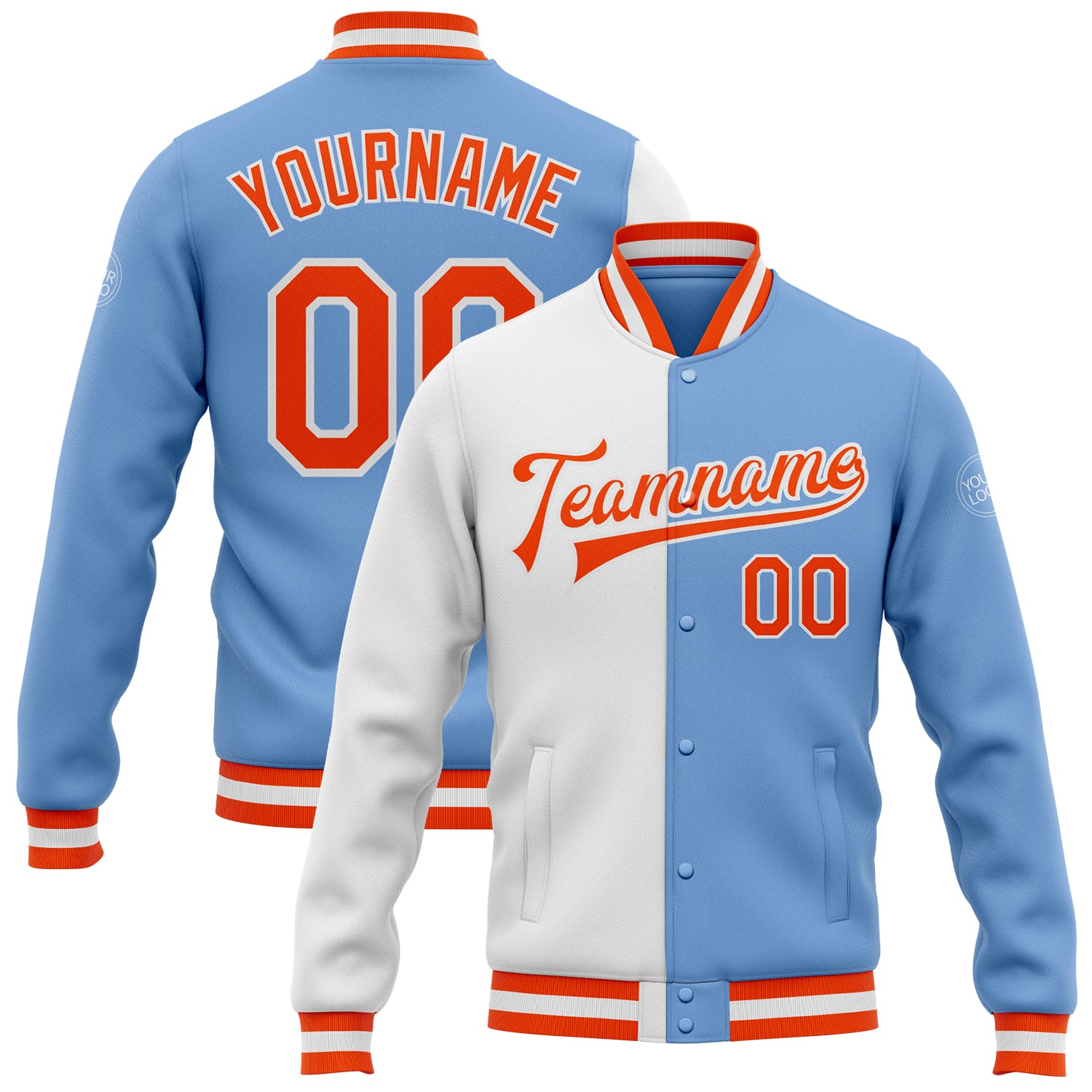 Light Blue Orange White Bomber Jacket - Custom Full-Snap Varsity Letterman Fashion Jacket Custom Light Blue Orange-White