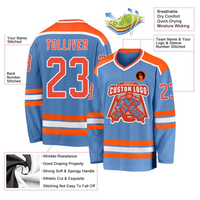 Light Blue Orange White Custom Hockey Jersey - Personalized Sports Apparel Custom Light Blue Orange-White Hockey Jersey - Image 3