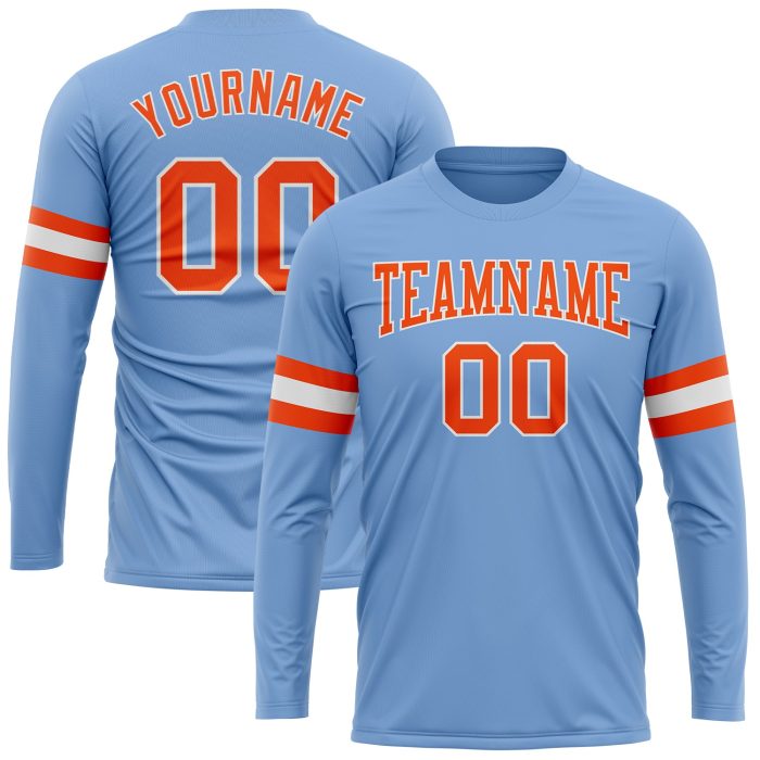 Light Blue Performance T-Shirt for Men & Women, Long Sleeve with Orange-White Design Custom Light Blue Orange-White Long - Image 1
