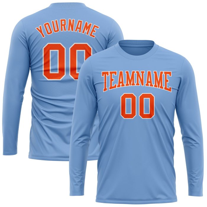 Light Blue Performance T-Shirt for Men & Women, Long Sleeve with Orange-White Design Custom Light Blue Orange-White Long - Image 2