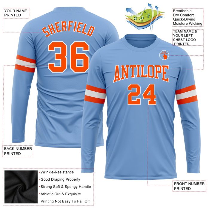 Light Blue Performance T-Shirt for Men & Women, Long Sleeve with Orange-White Design Custom Light Blue Orange-White Long - Image 3