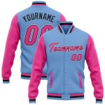 Custom Two Tone Varsity Letterman Jacket Light Blue Pink Black Full-Snap Bomber Custom Light Blue Pink-Black Bomber Full-Snap