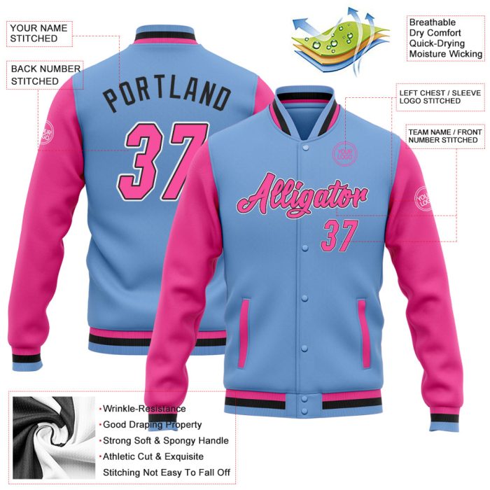 Custom Two Tone Varsity Letterman Jacket Light Blue Pink Black Full-Snap Bomber Custom Light Blue Pink-Black Bomber Full-Snap - Image 3