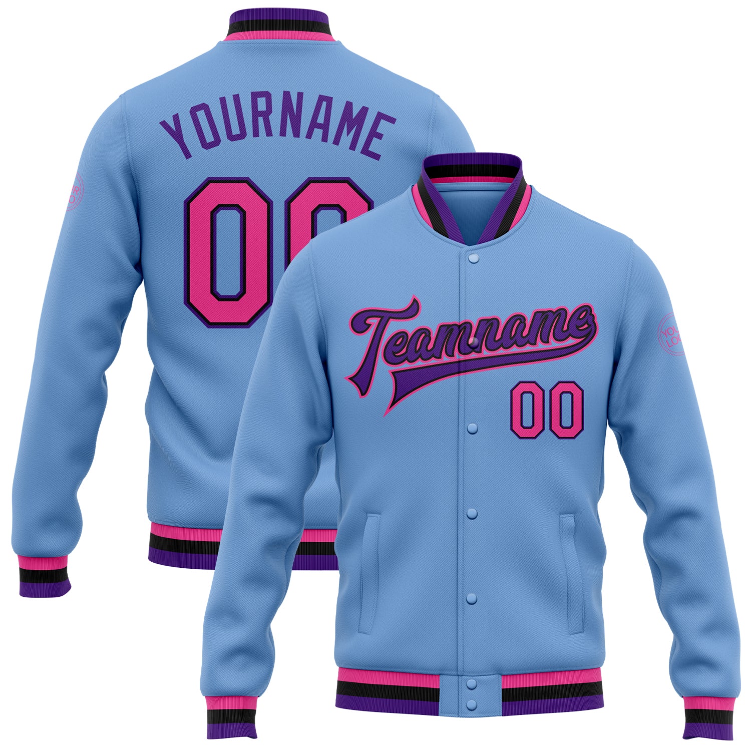 Light Blue Pink Black Purple Varsity Letterman Bomber Jacket Full-Snap Custom Design Custom Light Blue Pink Black-Purple