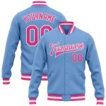 Light Blue Pink White Varsity Letterman Bomber Jacket Custom Full-Snap Custom Light Blue Pink-White Bomber Full-Snap Varsity