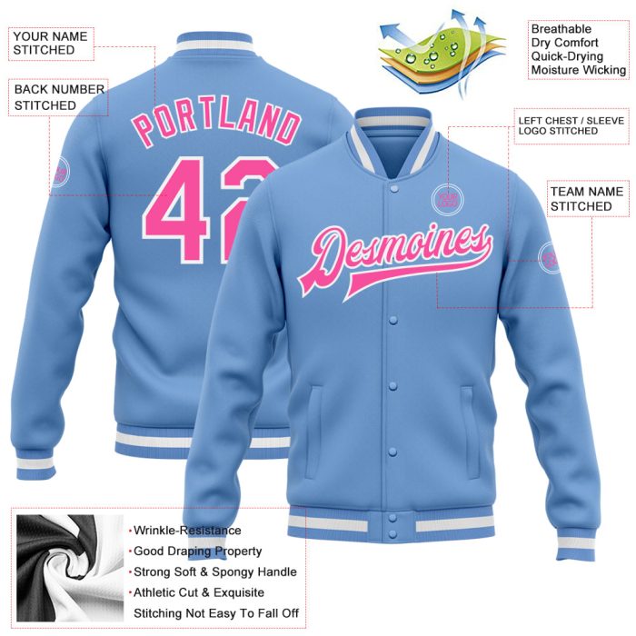 Custom Bomber Varsity Letterman Jacket Light Blue Pink White Full Snap Style 9215 Custom Light Blue Pink-White Bomber Full-Snap - Image 3