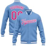 Custom Bomber Varsity Letterman Jacket Light Blue Pink White Full Snap Style 9215 Custom Light Blue Pink-White Bomber Full-Snap
