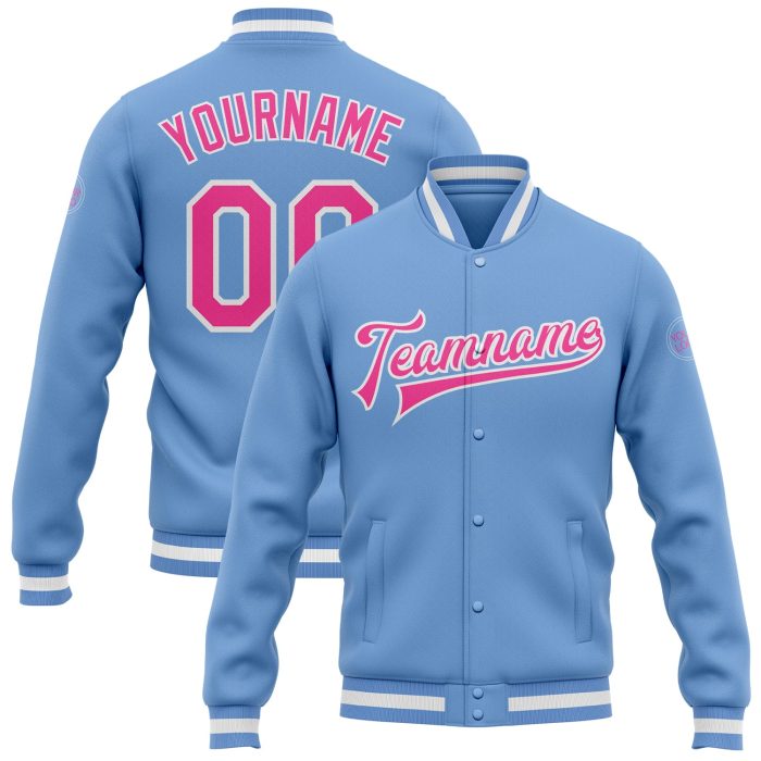 Custom Bomber Varsity Letterman Jacket Light Blue Pink White Full Snap Style 9215 Custom Light Blue Pink-White Bomber Full-Snap - Image 1