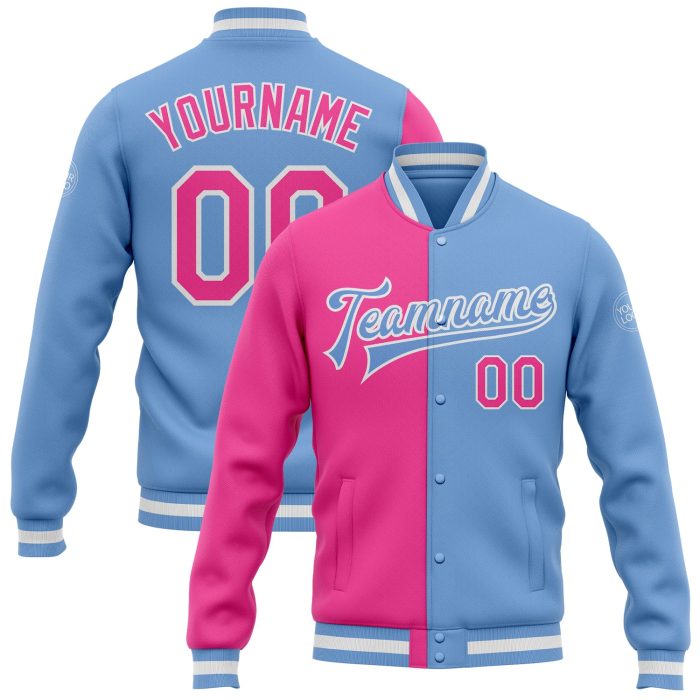 Light Blue Pink White Varsity Letterman Bomber Jacket Custom Full-Snap Fashion Custom Light Blue Pink-White Bomber Full-Snap - Image 1