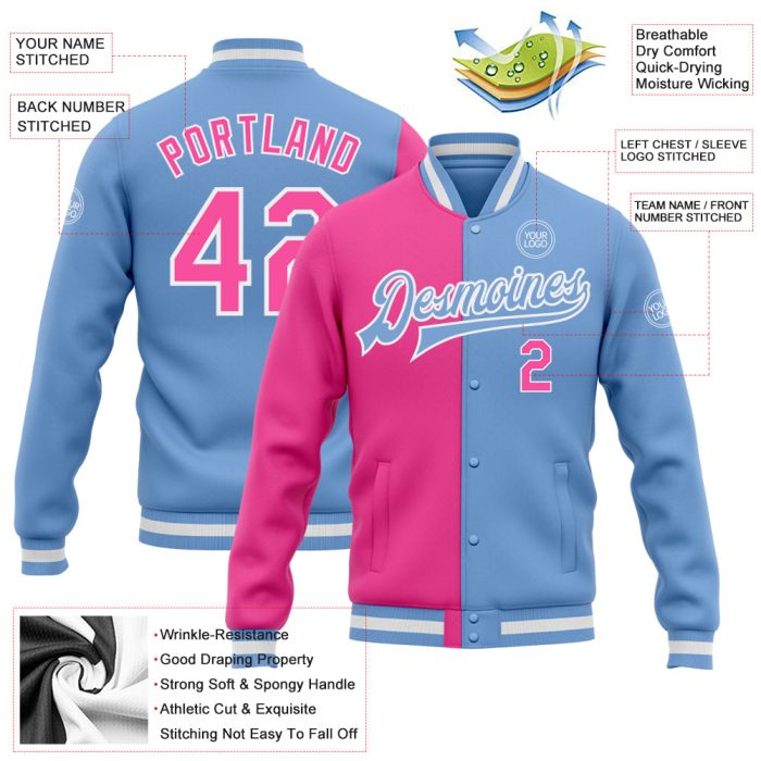 Light Blue Pink White Varsity Letterman Bomber Jacket Custom Full-Snap Fashion Custom Light Blue Pink-White Bomber Full-Snap - Image 3