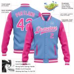 Light Blue Pink White Two-Tone Varsity Letterman Bomber Full-Snap Jacket Custom Light Blue Pink-White Bomber Full-Snap Varsity - Image 3