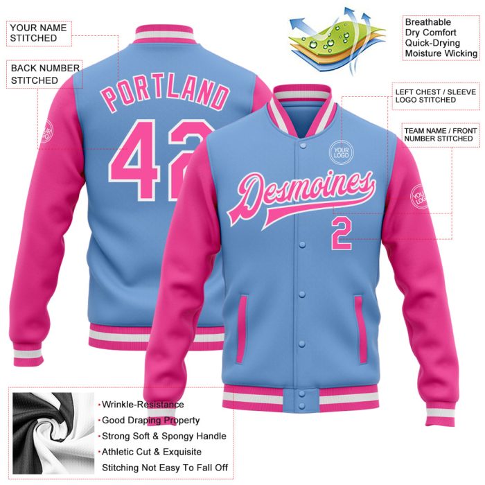 Light Blue Pink White Two-Tone Varsity Letterman Bomber Full-Snap Jacket Custom Light Blue Pink-White Bomber Full-Snap Varsity - Image 3