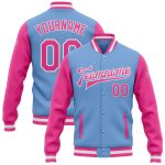 Light Blue Pink White Two-Tone Varsity Letterman Bomber Full-Snap Jacket Custom Light Blue Pink-White Bomber Full-Snap Varsity