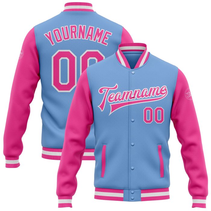 Light Blue Pink White Two-Tone Varsity Letterman Bomber Full-Snap Jacket Custom Light Blue Pink-White Bomber Full-Snap Varsity - Image 1