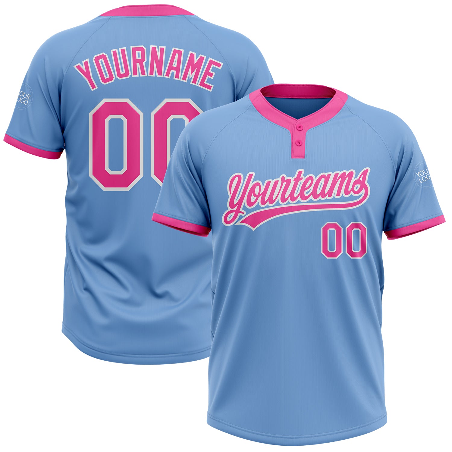 Light Blue Pink White Custom Unisex Softball Jersey - Two-Button Design Custom Light Blue Pink-White Two-Button Unisex Softball