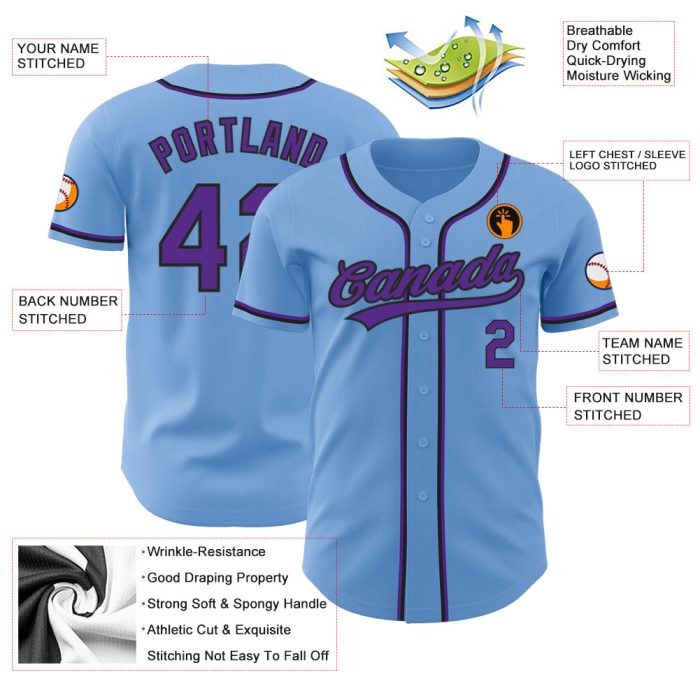 Light Blue Purple Black Custom Authentic Baseball Jersey Custom Light Blue Purple-Black Authentic Baseball Jersey - Image 3