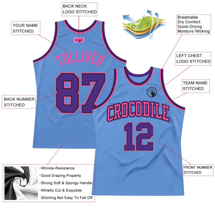 Light Blue Purple Black Pink Custom Basketball Jersey - Authentic Throwback Custom Light Blue Purple Black-Pink Authentic - Image 2