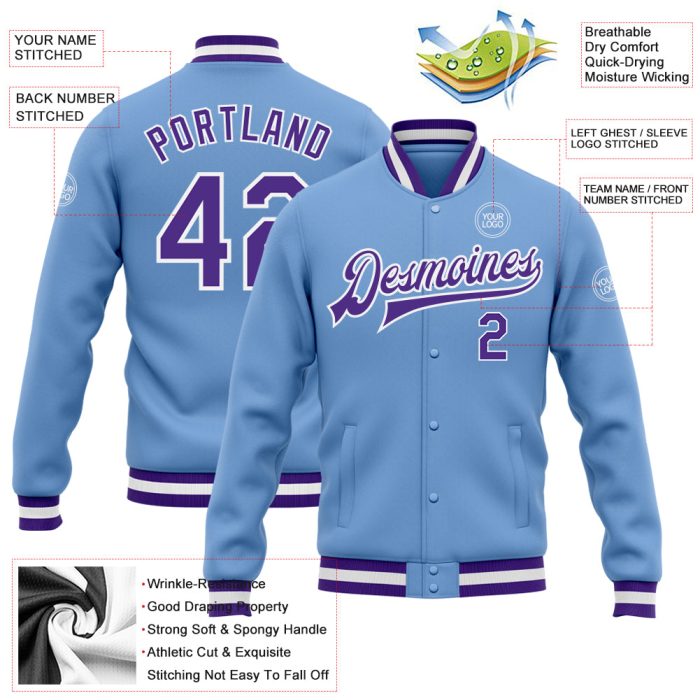 Light Blue Purple White Varsity Letterman Bomber Full-Snap Jacket - Custom Design Custom Light Blue Purple-White Bomber Full-Snap - Image 3