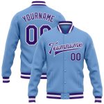 Light Blue Purple White Varsity Letterman Bomber Full-Snap Jacket - Custom Design Custom Light Blue Purple-White Bomber Full-Snap