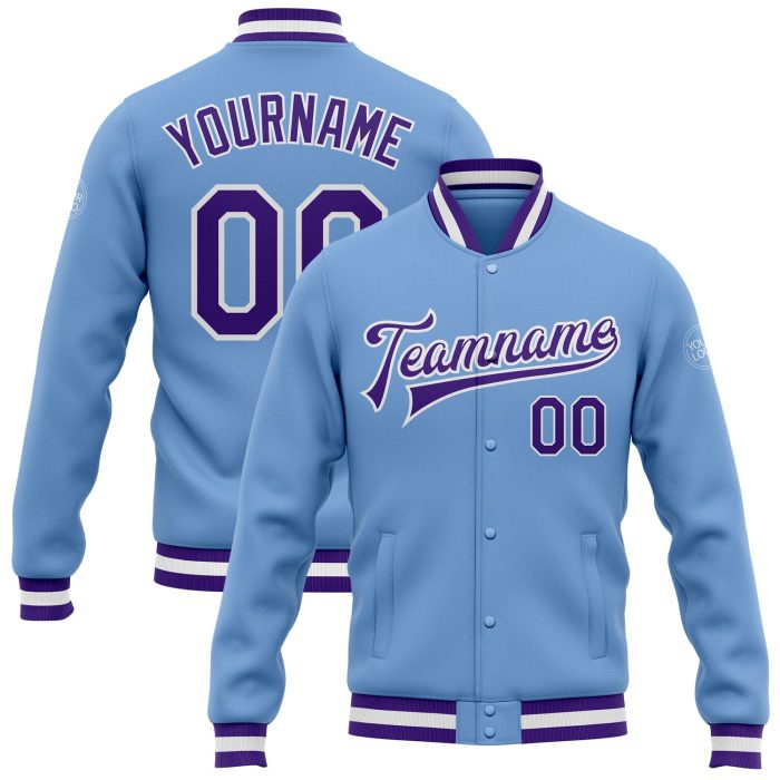 Light Blue Purple White Varsity Letterman Bomber Full-Snap Jacket - Custom Design Custom Light Blue Purple-White Bomber Full-Snap - Image 1