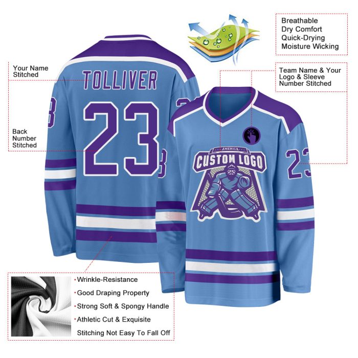 Custom Light Blue Purple White Hockey Jersey for Men and Women, Personalized Team Sports Apparel Custom Light Blue Purple-White - Image 3