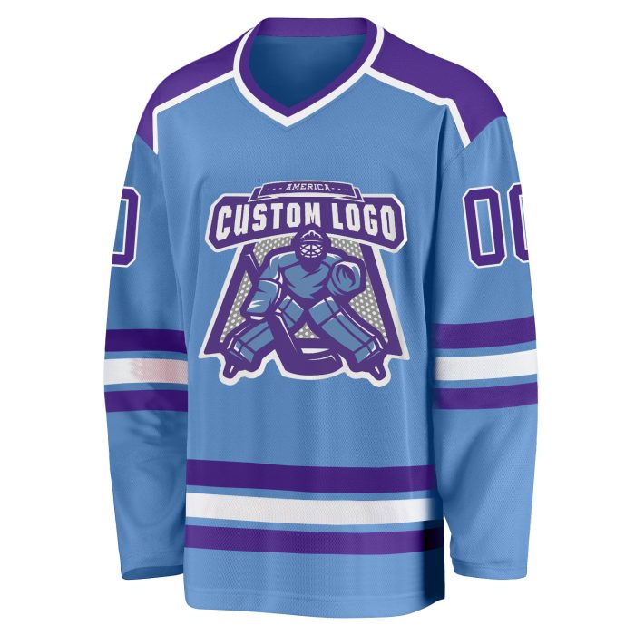 Custom Light Blue Purple White Hockey Jersey for Men and Women, Personalized Team Sports Apparel Custom Light Blue Purple-White - Image 2