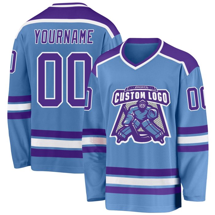 Custom Light Blue Purple White Hockey Jersey for Men and Women, Personalized Team Sports Apparel Custom Light Blue Purple-White - Image 1