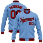 Custom Light Blue Red Black Varsity Jacket Full-Snap Bomber Letterman Jacket Custom Light Blue Red-Black Bomber Full-Snap