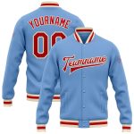 Light Blue Red Cream Varsity Letterman Jacket Custom Full-Snap Bomber Custom Light Blue Red-Cream Bomber Full-Snap Varsity