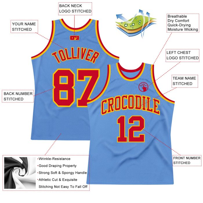 Light Blue Red-Gold Authentic Basketball Jersey - Custom Throwback Style Custom Light Blue Red-Gold Authentic Throwback Basketball - Image 2
