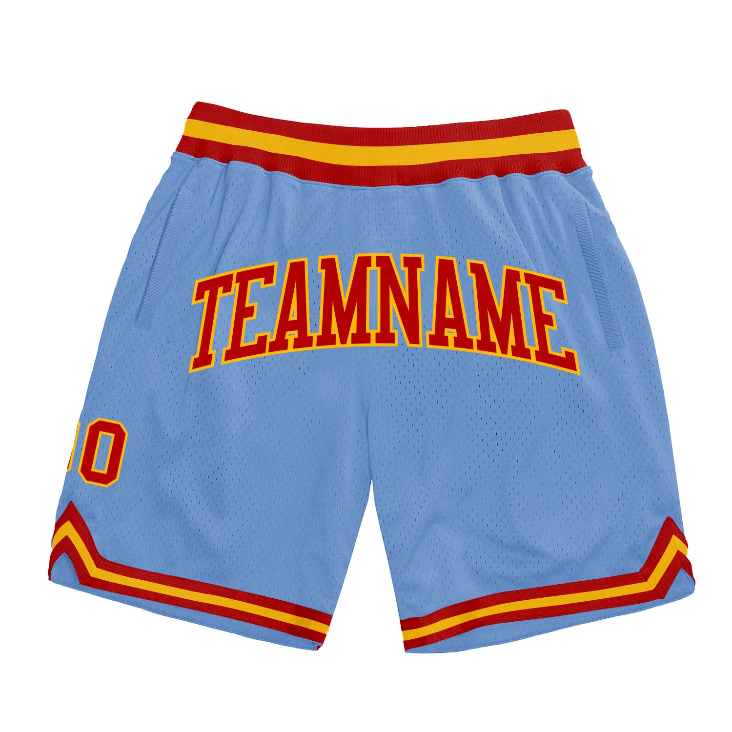 Custom Light Blue Red-Gold Authentic Throwback Basketball Shorts Authentic Light Blue Red-Gold Throwback Basketball Shorts - Custom Fit Custom Light Blue Red-Gold Authentic Throwback Basketball - Image 1