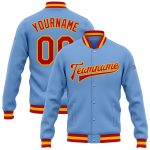 Light Blue Red Gold Varsity Letterman Bomber Jacket Custom Full-Snap Design Custom Light Blue Red-Gold Bomber Full-Snap Varsity