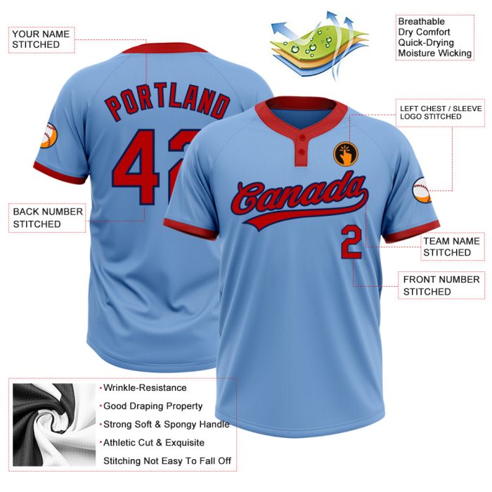 Light Blue Red-Navy Unisex Softball Jersey Custom Two-Button Design Custom Light Blue Red-Navy Two-Button Unisex Softball - Image 3