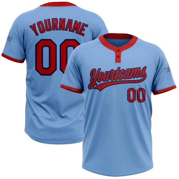 Light Blue Red-Navy Unisex Softball Jersey Custom Two-Button Design Custom Light Blue Red-Navy Two-Button Unisex Softball - Image 1