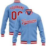Light Blue Red White Varsity Bomber Jacket Custom Full-Snap Letterman Custom Light Blue Red-White Bomber Full-Snap Varsity