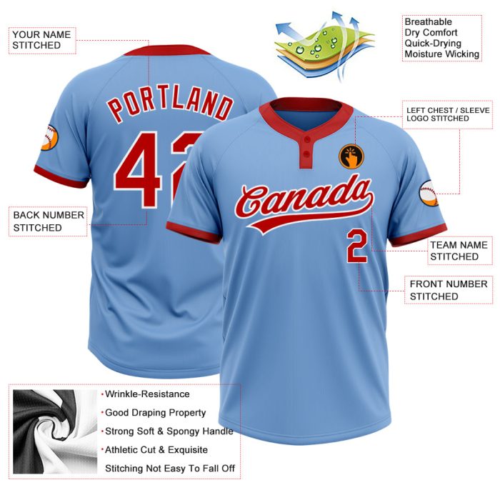 Light Blue Red White Two-Button Unisex Softball Jersey Custom Design Custom Light Blue Red-White Two-Button Unisex Softball - Image 3