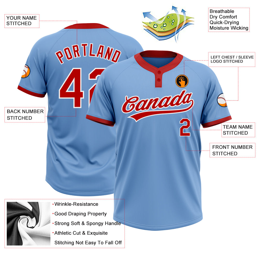 Custom Light Blue Red-White Two-Button Unisex Softball Jersey Light Blue Red White Two-Button Unisex Softball Jersey Custom Design Custom Light Blue Red-White Two-Button Unisex Softball - Image 3