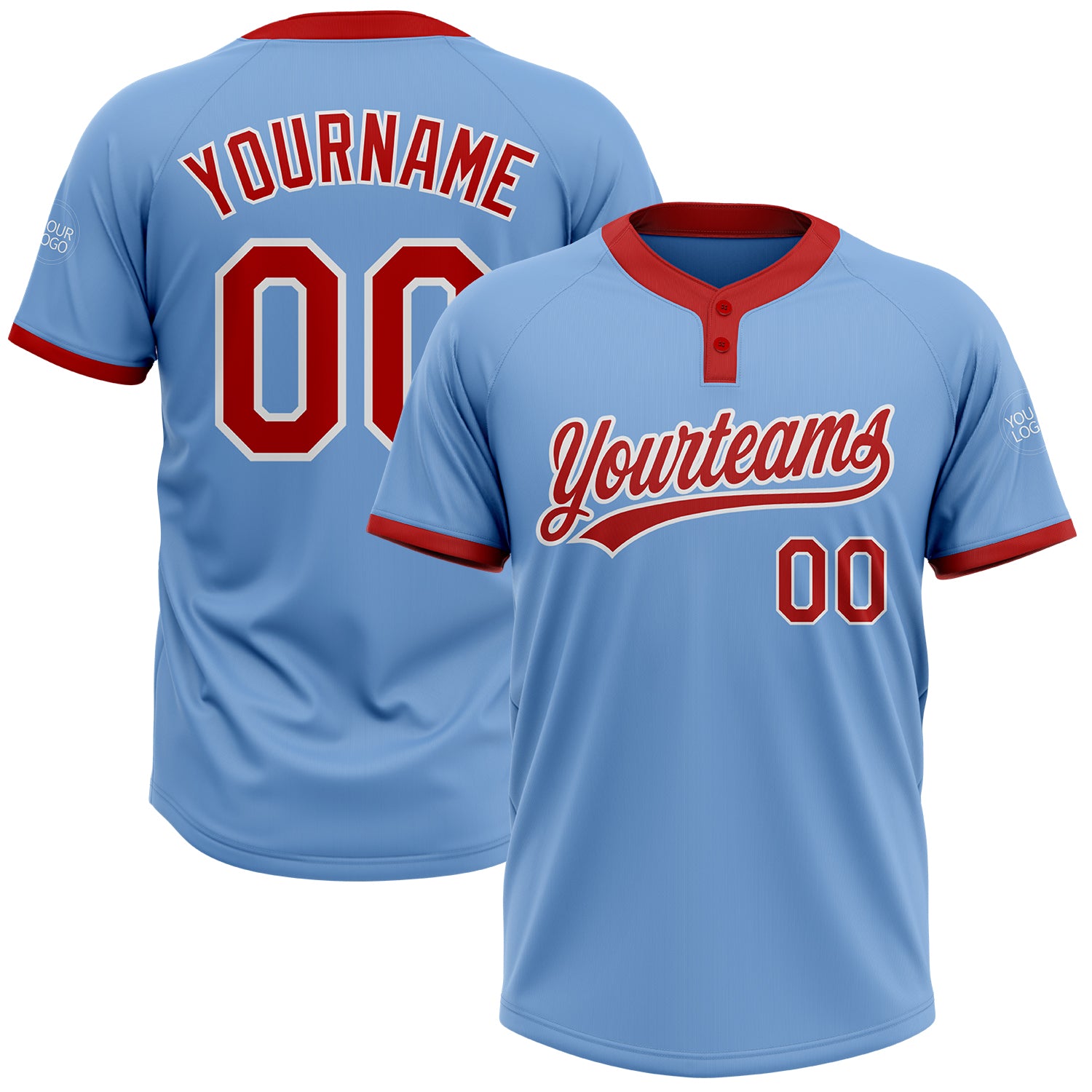 Custom Light Blue Red-White Two-Button Unisex Softball Jersey Light Blue Red White Two-Button Unisex Softball Jersey Custom Design Custom Light Blue Red-White Two-Button Unisex Softball - Image 1