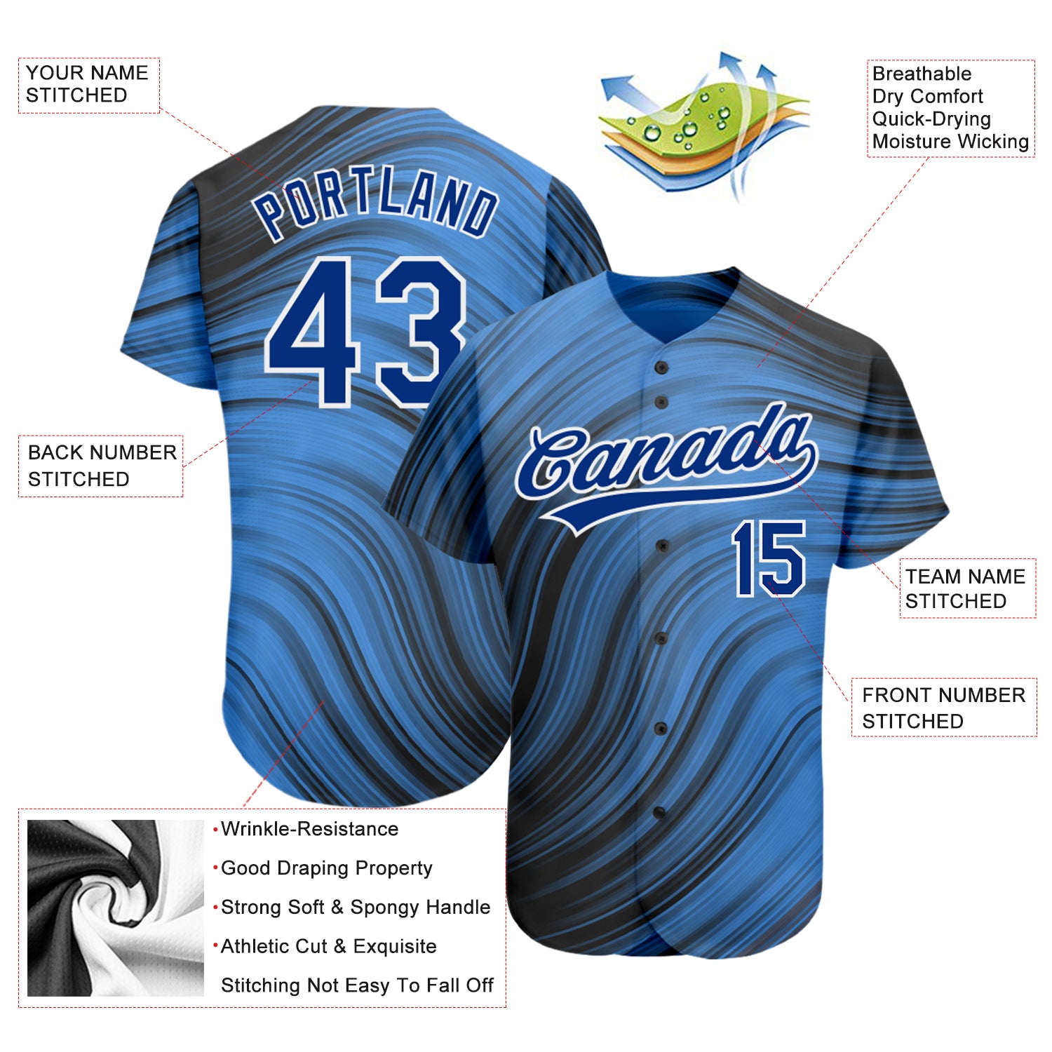 Custom Light Blue Royal-Black 3D Pattern Design Authentic Baseball Jersey Light Blue Baseball Jersey with 3D Royal-Black Pattern Design - Custom Authentic Style Custom Light Blue Royal-Black 3D Pattern - Image 3