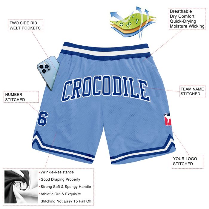 Light Blue Royal White Basketball Shorts - Custom Authentic Throwback Design Custom Light Blue Royal-White Authentic Throwback - Image 2