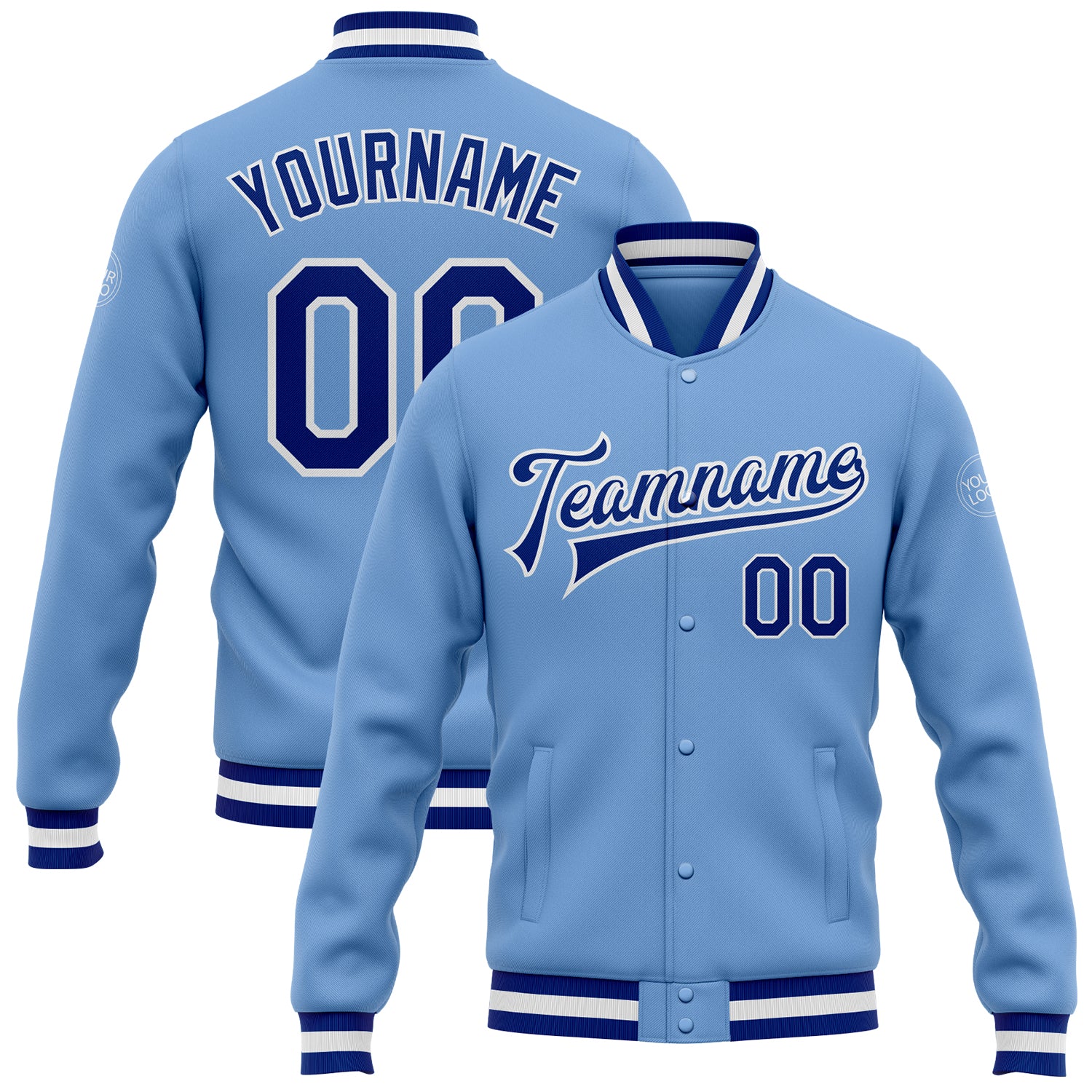 Light Blue Varsity Bomber Jacket for Men | Royal-White Full-Snap Letterman Style Custom Light Blue Royal-White Bomber Full-Snap