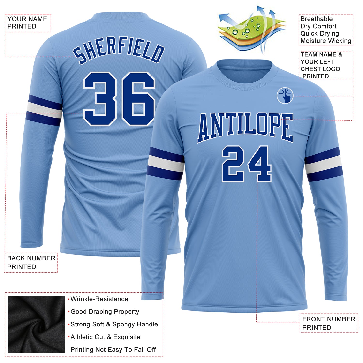Custom Light Blue Royal-White Long Sleeve Performance T-Shirt Light Blue Performance T-Shirt for Men, Royal White Long Sleeve Custom Design Custom Light Blue Royal-White Long Sleeve Performance - Image 3