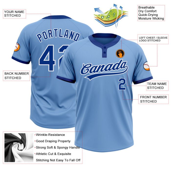 Light Blue Two-Button Royal White Unisex Softball Jersey - Customizable Sports Apparel Custom Light Blue Royal-White Two-Button - Image 3